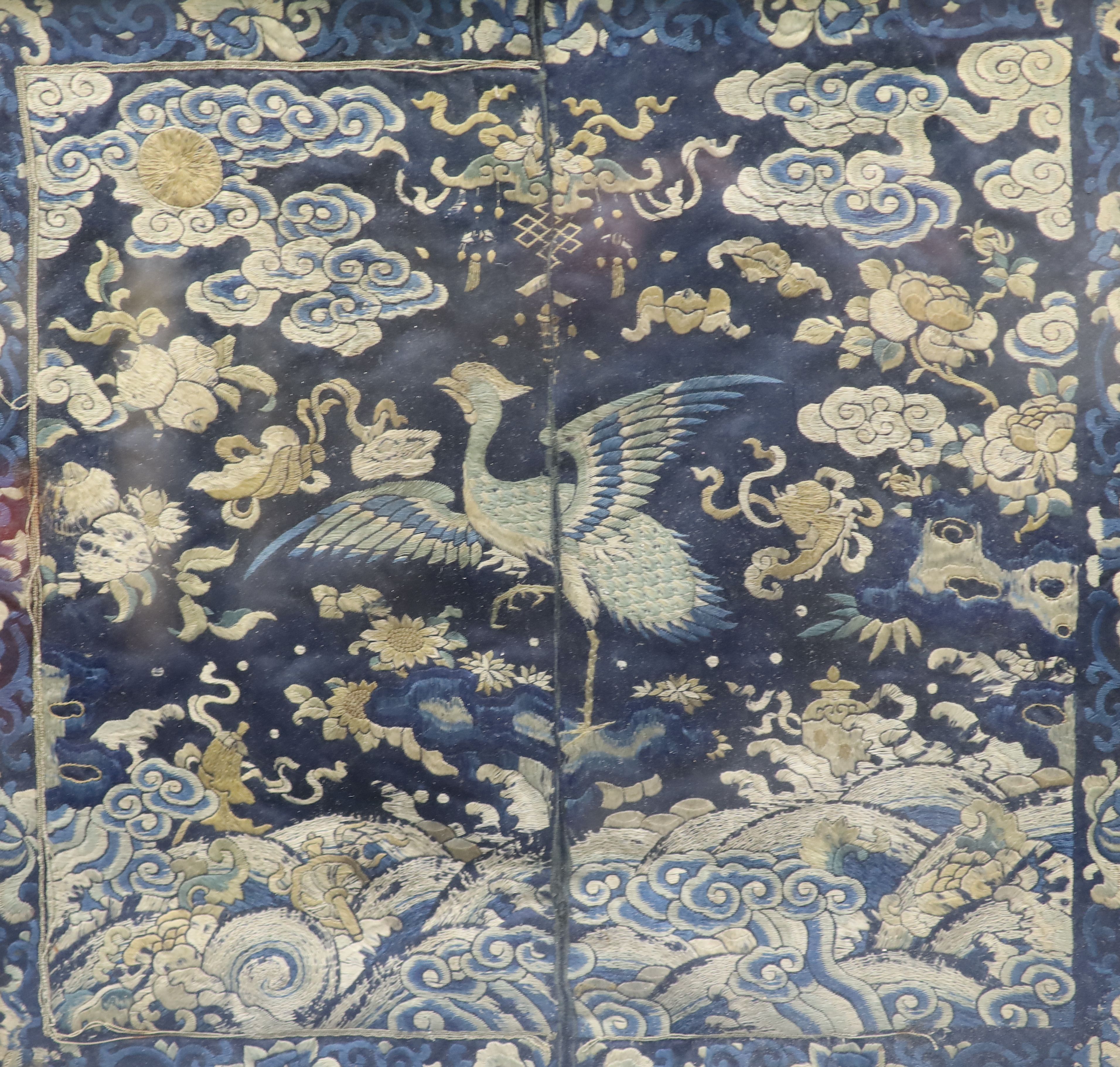 A pair of Chinese embroidered silk civil rank badges, late Qing dynasty, Provenance - A. T. Arber-Cooke